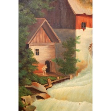 ANTICO GRANDE DIPINTO OLIO Gilda PAESAGGIO NAIF FIGURE CASCATA FORESTA MULINO