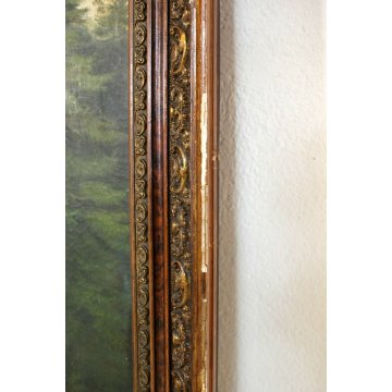ANTICO GRANDE DIPINTO OLIO Gilda PAESAGGIO NAIF FIGURE CASCATA FORESTA MULINO