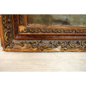 ANTICO GRANDE DIPINTO OLIO Gilda PAESAGGIO NAIF FIGURE CASCATA FORESTA MULINO