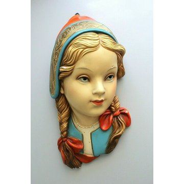 SCULTURA IN GESSO VISAGE VINTAGE MASCHERA GIOVANE DONNA COSTUME FOLCLORISTICO 