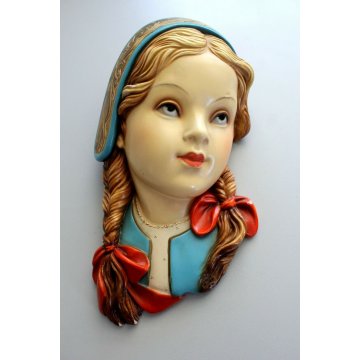 SCULTURA IN GESSO VISAGE VINTAGE MASCHERA GIOVANE DONNA COSTUME FOLCLORISTICO 