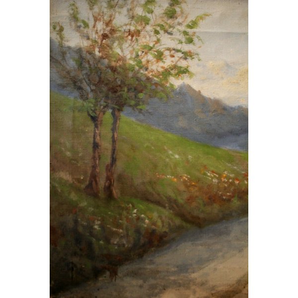 Antico Piccolo Quadro Dipinto Olio Tela Paesaggio Montano Strada Contadina