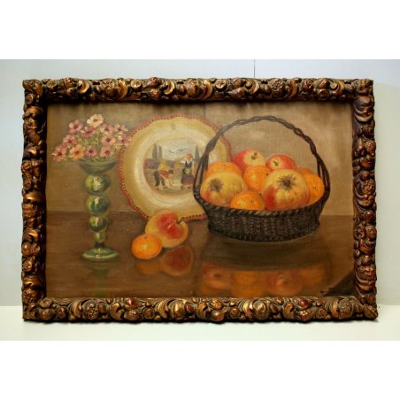 ANTICO DIPINTO OLIO Mario Paolo Valli TAVOLA NATURA MORTA FRUTTA FIORI CORNICE
