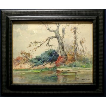 ANTICO QUADRO DIPINTO ACQUERELLO A. Pasetto PAESAGGIO LAGO FOCE FIUME PRIMI 900 