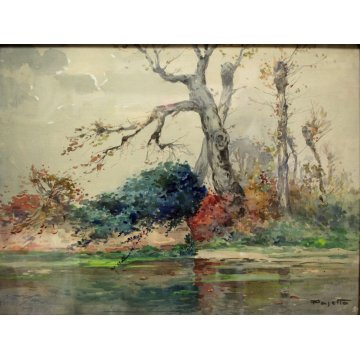 ANTICO QUADRO DIPINTO ACQUERELLO A. Pasetto PAESAGGIO LAGO FOCE FIUME PRIMI 900 