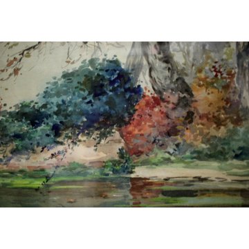 ANTICO QUADRO DIPINTO ACQUERELLO A. Pasetto PAESAGGIO LAGO FOCE FIUME PRIMI 900 