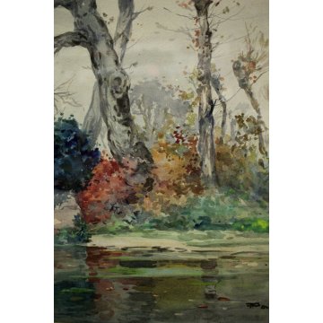 ANTICO QUADRO DIPINTO ACQUERELLO A. Pasetto PAESAGGIO LAGO FOCE FIUME PRIMI 900 