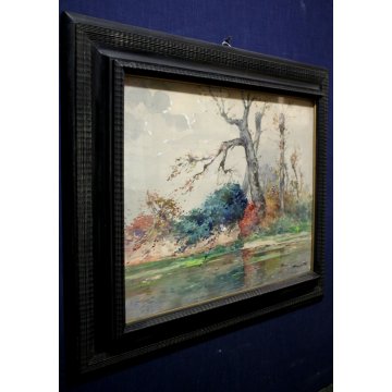 ANTICO QUADRO DIPINTO ACQUERELLO A. Pasetto PAESAGGIO LAGO FOCE FIUME PRIMI 900 