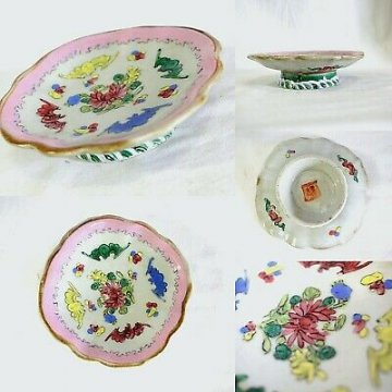 ANTICA PICCOLA ROMANTICA ALZATA CERAMICA SMALTATA  FIORI FARFALLE CHINOISERIE 