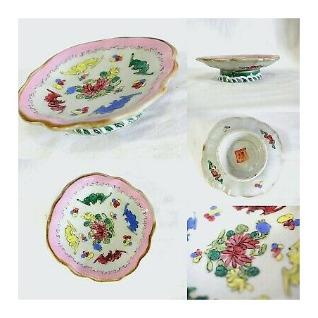 ANTICA PICCOLA ROMANTICA ALZATA CERAMICA SMALTATA  FIORI FARFALLE CHINOISERIE 