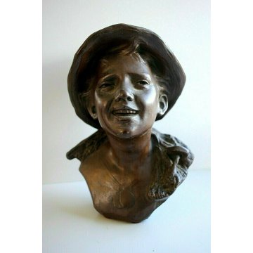 SCULTURA BUSTO SCUGNIZZO PESCATORE TERRACOTTA RAGAZZO DI STRADA con CAPPELLO
