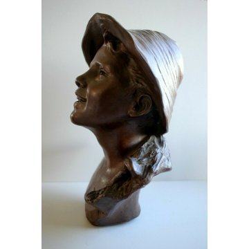 SCULTURA BUSTO SCUGNIZZO PESCATORE TERRACOTTA RAGAZZO DI STRADA con CAPPELLO