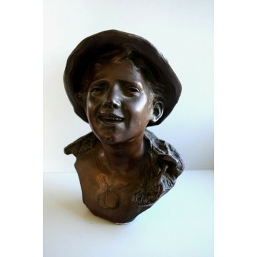 SCULTURA BUSTO SCUGNIZZO PESCATORE TERRACOTTA RAGAZZO DI STRADA con CAPPELLO