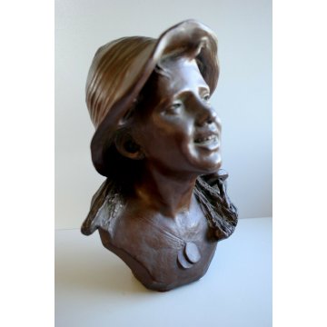 SCULTURA BUSTO SCUGNIZZO PESCATORE TERRACOTTA RAGAZZO DI STRADA con CAPPELLO
