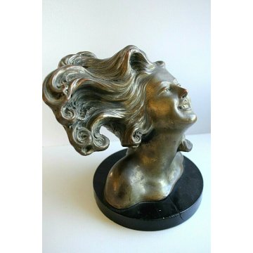 SCULTURA BUSTO TERRACOTTA DIPINTA RAME BRONZO DONNA CAPELLI AL VENTO PRIMO '900