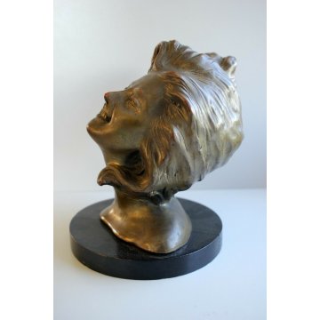 SCULTURA BUSTO TERRACOTTA DIPINTA RAME BRONZO DONNA CAPELLI AL VENTO PRIMO '900