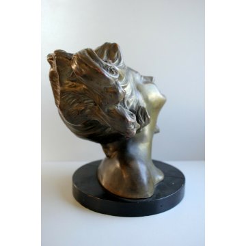 SCULTURA BUSTO TERRACOTTA DIPINTA RAME BRONZO DONNA CAPELLI AL VENTO PRIMO '900