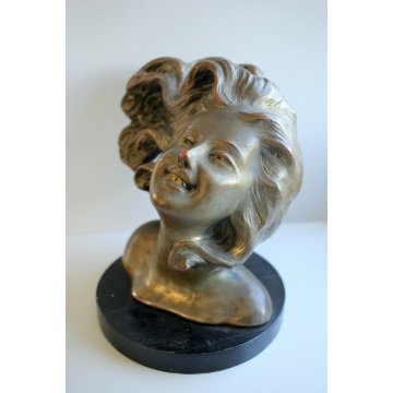 SCULTURA BUSTO TERRACOTTA DIPINTA RAME BRONZO DONNA CAPELLI AL VENTO PRIMO '900