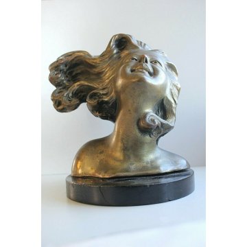 SCULTURA BUSTO TERRACOTTA DIPINTA RAME BRONZO DONNA CAPELLI AL VENTO PRIMO '900