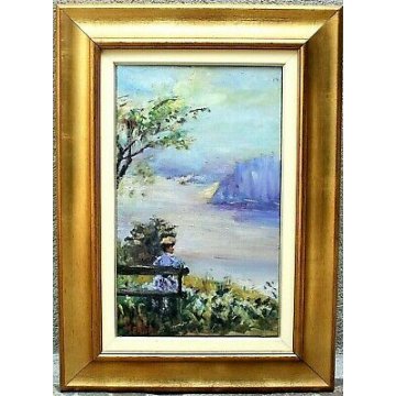 QUADRO DIPINTO OLIO TELA Patrizia Merlini PAESAGGIO FIGURA DAMA LAGO PANCHINA 