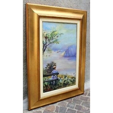 QUADRO DIPINTO OLIO TELA Patrizia Merlini PAESAGGIO FIGURA DAMA LAGO PANCHINA 