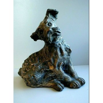 ANTICA SCULTURA TERRACOTTA PATINA RAME ARGENTO CANE DOG FIGURE Scottish Terrier