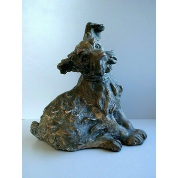 ANTICA SCULTURA TERRACOTTA PATINA RAME ARGENTO CANE DOG FIGURE Scottish Terrier