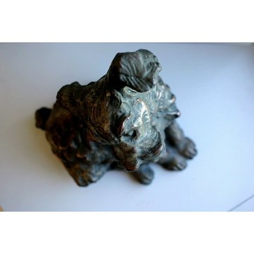 ANTICA SCULTURA TERRACOTTA PATINA RAME ARGENTO CANE DOG FIGURE Scottish Terrier