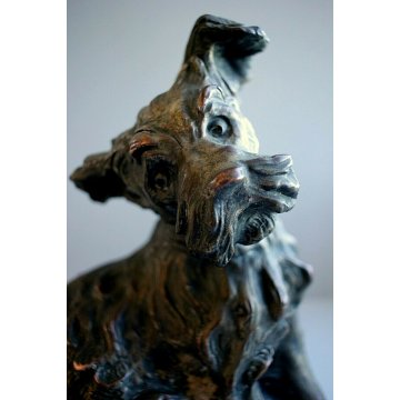 ANTICA SCULTURA TERRACOTTA PATINA RAME ARGENTO CANE DOG FIGURE Scottish Terrier