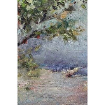 QUADRO DIPINTO OLIO TELA Patrizia Merlini PAESAGGIO FIGURA DAMA LAGO PANCHINA 