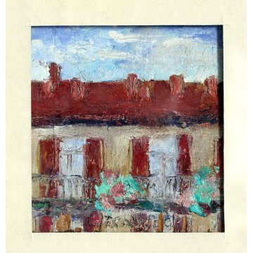 PICCOLO QUADRO DIPINTO OLIO CASE RINGHIERA CORTILE  MILANO C.so SEMPIONE '900