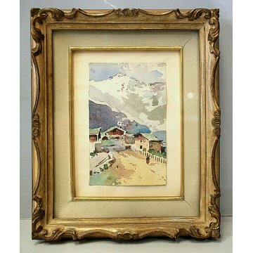 PICCOLO QUADRO ACQUERELLO Macugnaga ALPEGGIO BAITE PAESAGGIO MONTANO NEVE '900