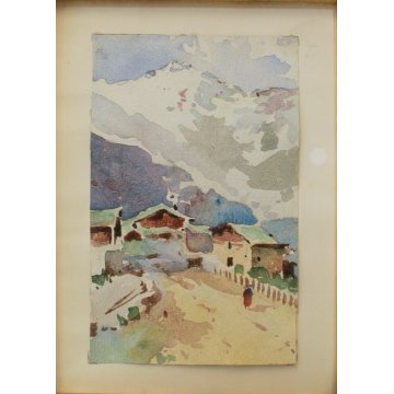 PICCOLO QUADRO ACQUERELLO Macugnaga ALPEGGIO BAITE PAESAGGIO MONTANO NEVE '900