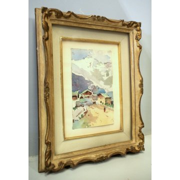 PICCOLO QUADRO ACQUERELLO Macugnaga ALPEGGIO BAITE PAESAGGIO MONTANO NEVE '900