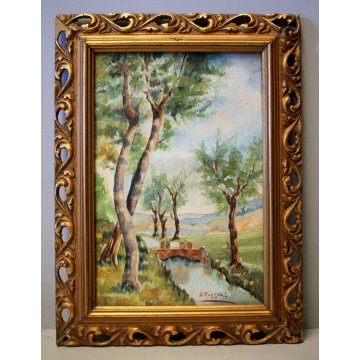 PICCOLO QUADRO ACQUERELLO PAESAGGIO  CAMPAGNA CHIUSE CANALE COLLINE MAGGIO 1942