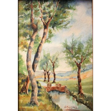 PICCOLO QUADRO ACQUERELLO PAESAGGIO  CAMPAGNA CHIUSE CANALE COLLINE MAGGIO 1942