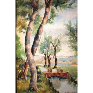 PICCOLO QUADRO ACQUERELLO PAESAGGIO  CAMPAGNA CHIUSE CANALE COLLINE MAGGIO 1942