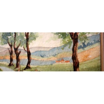 PICCOLO QUADRO ACQUERELLO PAESAGGIO  CAMPAGNA CHIUSE CANALE COLLINE MAGGIO 1942