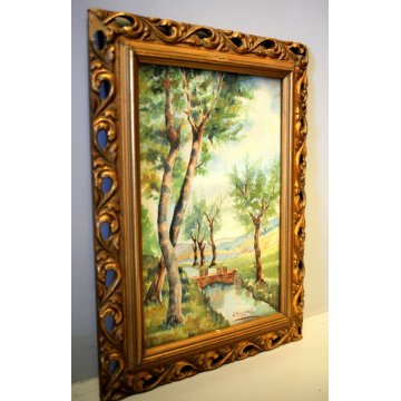 PICCOLO QUADRO ACQUERELLO PAESAGGIO  CAMPAGNA CHIUSE CANALE COLLINE MAGGIO 1942