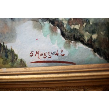 PICCOLO QUADRO ACQUERELLO PAESAGGIO  CAMPAGNA CHIUSE CANALE COLLINE MAGGIO 1942