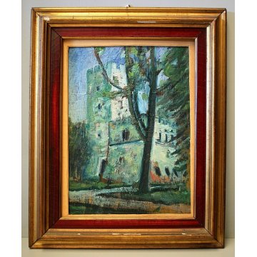 ANTICO QUADRO DIPINTO PAESAGGIO con CASTELLO BOSCO POST-IMPRESSIONISMO '900