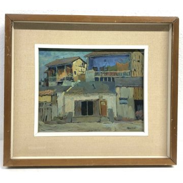 QUADRO OLIO TELA RENATO TREVISAN PAESAGGIO CASE PAESE 1900 FIRMATO VINTAGE 