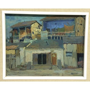 QUADRO OLIO TELA RENATO TREVISAN PAESAGGIO CASE PAESE 1900 FIRMATO VINTAGE 