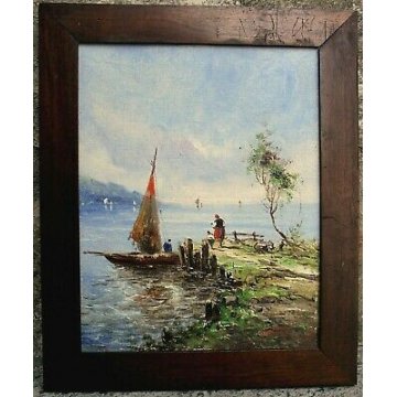 ANTICO QUADRO OLIO CARTONE A. Brioschi MARINA LAGO BARCHE PESCATORE FIGURE '900