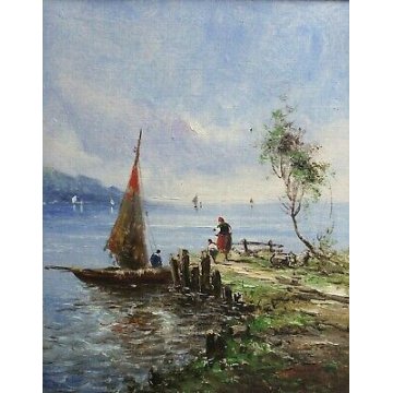 ANTICO QUADRO OLIO CARTONE A. Brioschi MARINA LAGO BARCHE PESCATORE FIGURE '900