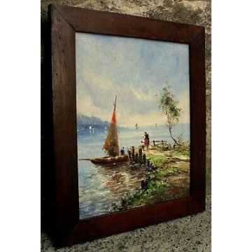 ANTICO QUADRO OLIO CARTONE A. Brioschi MARINA LAGO BARCHE PESCATORE FIGURE '900