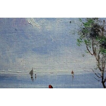 ANTICO QUADRO OLIO CARTONE A. Brioschi MARINA LAGO BARCHE PESCATORE FIGURE '900