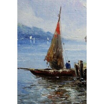 ANTICO QUADRO OLIO CARTONE A. Brioschi MARINA LAGO BARCHE PESCATORE FIGURE '900