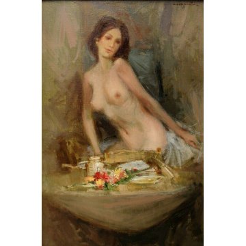 QUADRO DIPINTO OLIO TELA Franco Mazzucchetti NUDO DONNA E NATURA MORTA FIORI 900