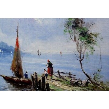 ANTICO QUADRO OLIO CARTONE A. Brioschi MARINA LAGO BARCHE PESCATORE FIGURE '900